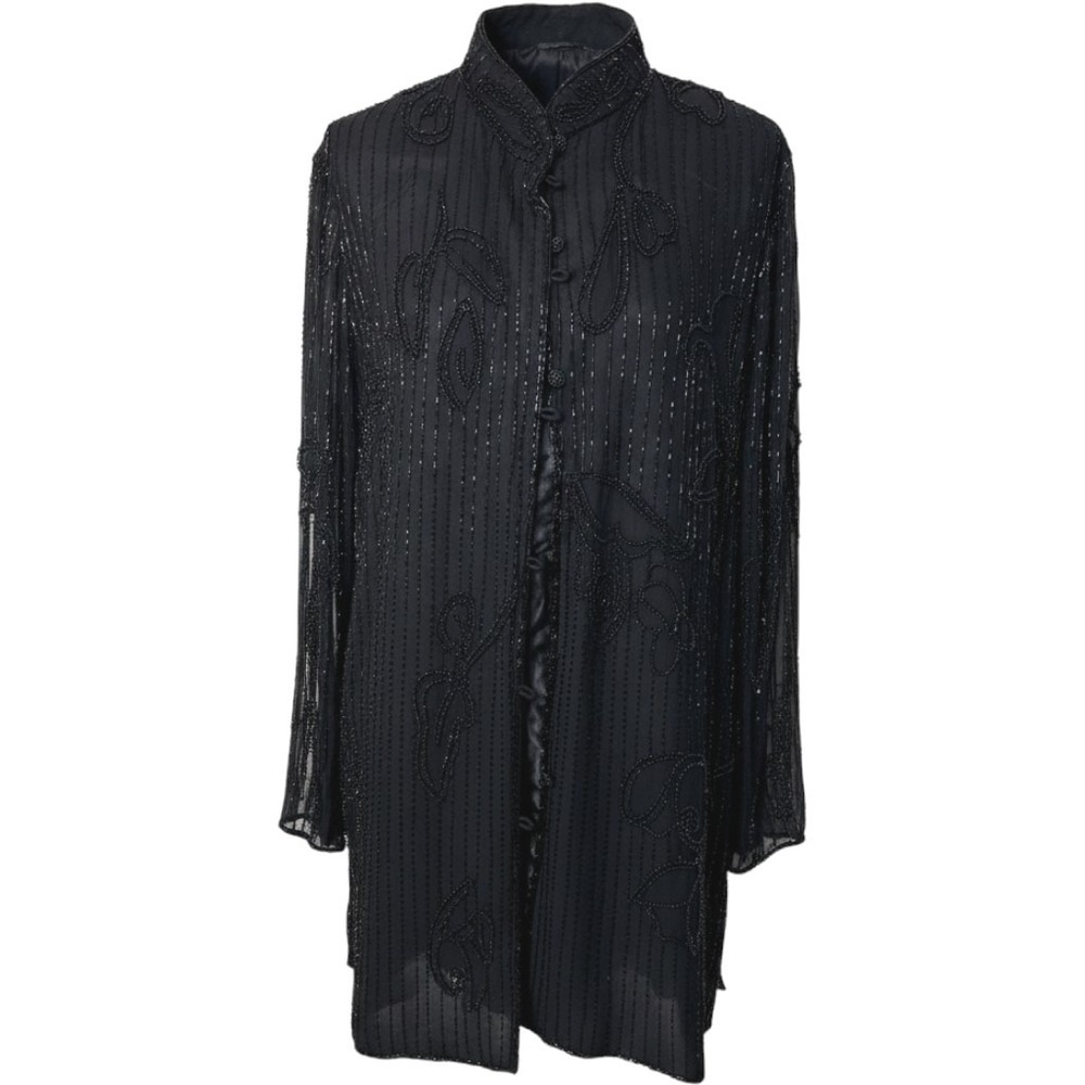 Vintage silk Beaded all Black Evening Jacket Sequin goth women XL